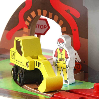 Toddler gift wooden train set with mine track, crane toy, and bridge pieces