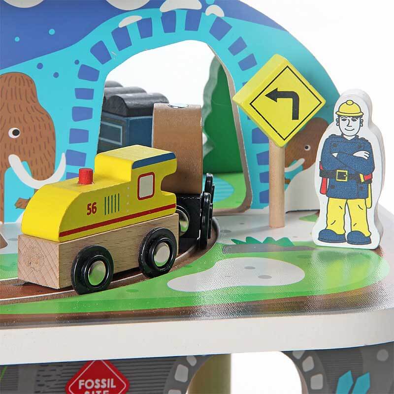 Educational wooden toy train set for kids with intricate mine track layout
