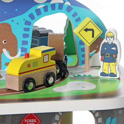 Educational wooden toy train set for kids with intricate mine track layout