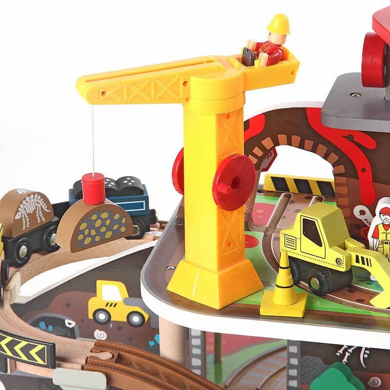Wooden toy cars playset featuring a mine track, functional crane and bridges