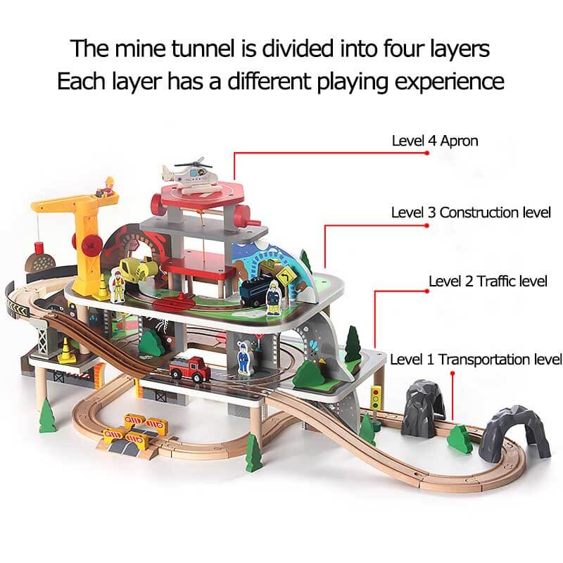 Kids playset: wooden mine track train with crane and detailed bridge structures