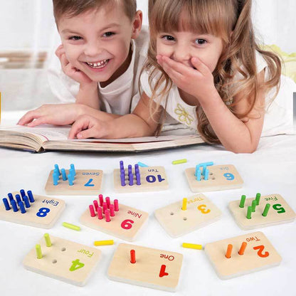 Kids wooden Montessori math counting game with colorful number blocks and rings for early education