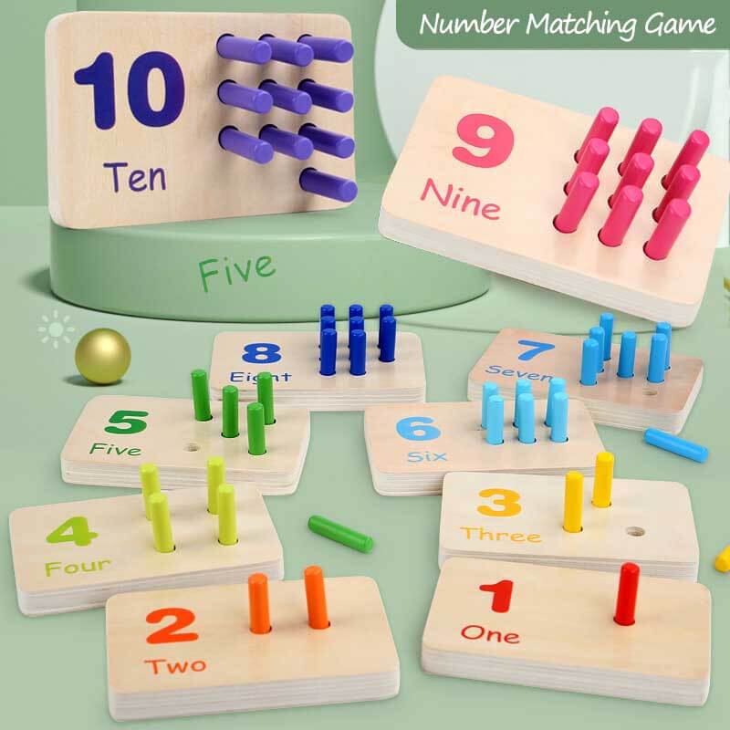 Educational wooden math game for kids featuring counting rods, number tiles, and animal shapes