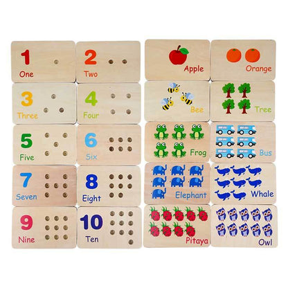 Close-up of kids learning math game showing wooden number blocks and ten frame activity