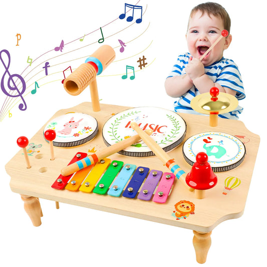 Kids wooden multi-instrument music kit with xylophone, drum, and mallets for sensory play