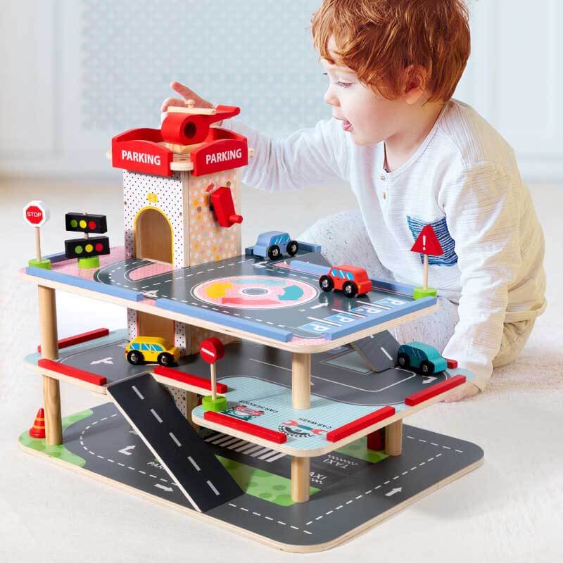 Kids wooden multi-level parking garage playset with ramps & heliport for imaginative play