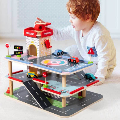 Kids wooden multi-level parking garage playset with ramps & heliport for imaginative play