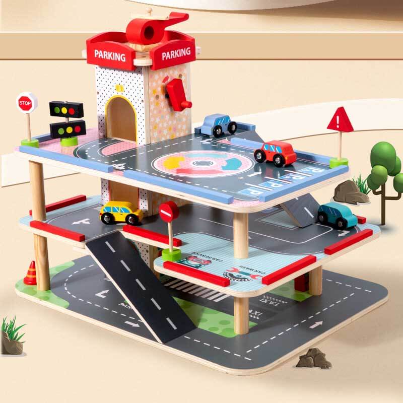 Toddler wooden parking garage playset with toy cars, ideal for activity and pretend play