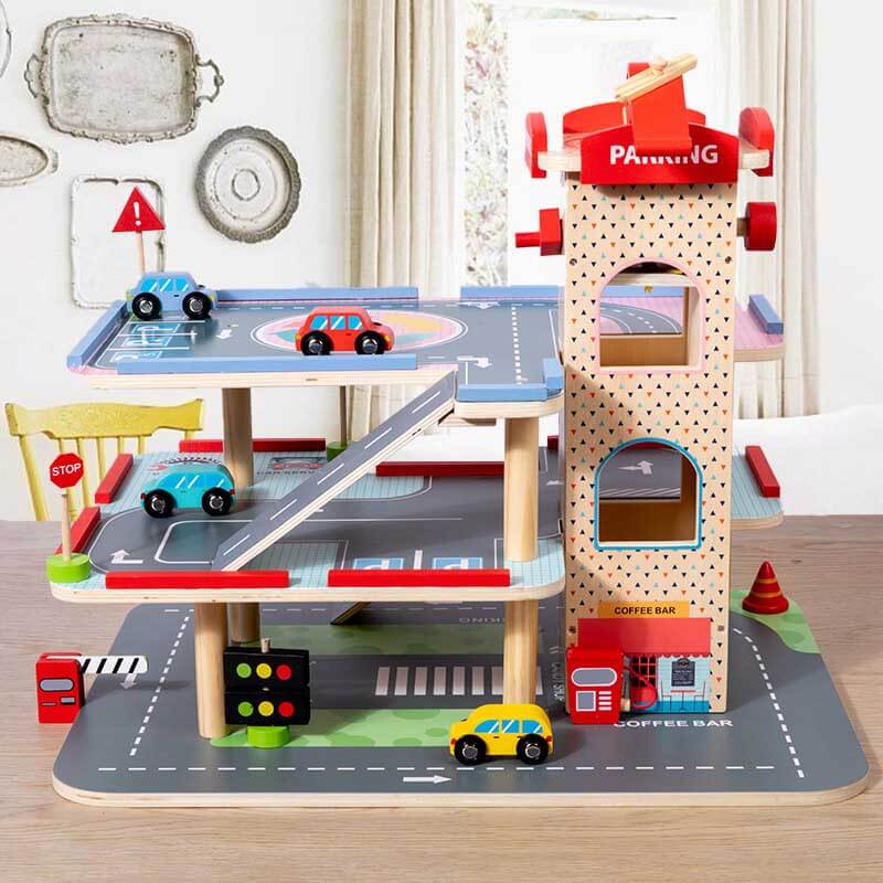 Detailed Kids wooden multi-level parking garage. A fun activity toy and gift for toddlers