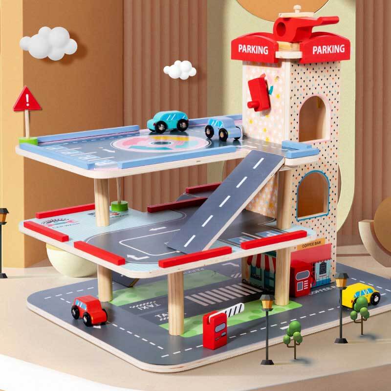 Overhead view of wooden parking garage playset, showcasing multiple levels and car bays