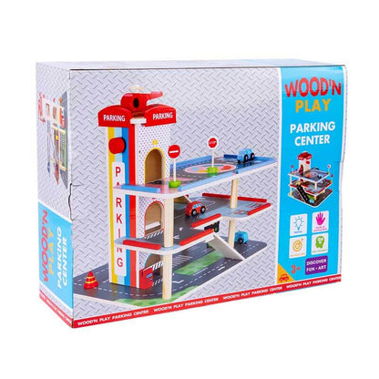 Wooden parking garage playset featuring ramps, elevator, heliport. Promotes imaginative play