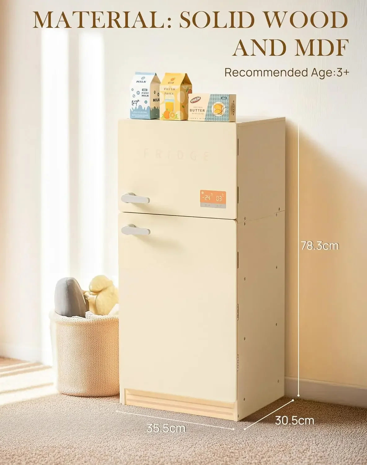 Kids wooden play kitchen fridge set in creamy white with accessories, perfect for pretend play.