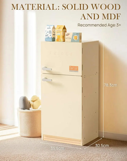 Kids wooden play kitchen fridge set in creamy white with accessories, perfect for pretend play.