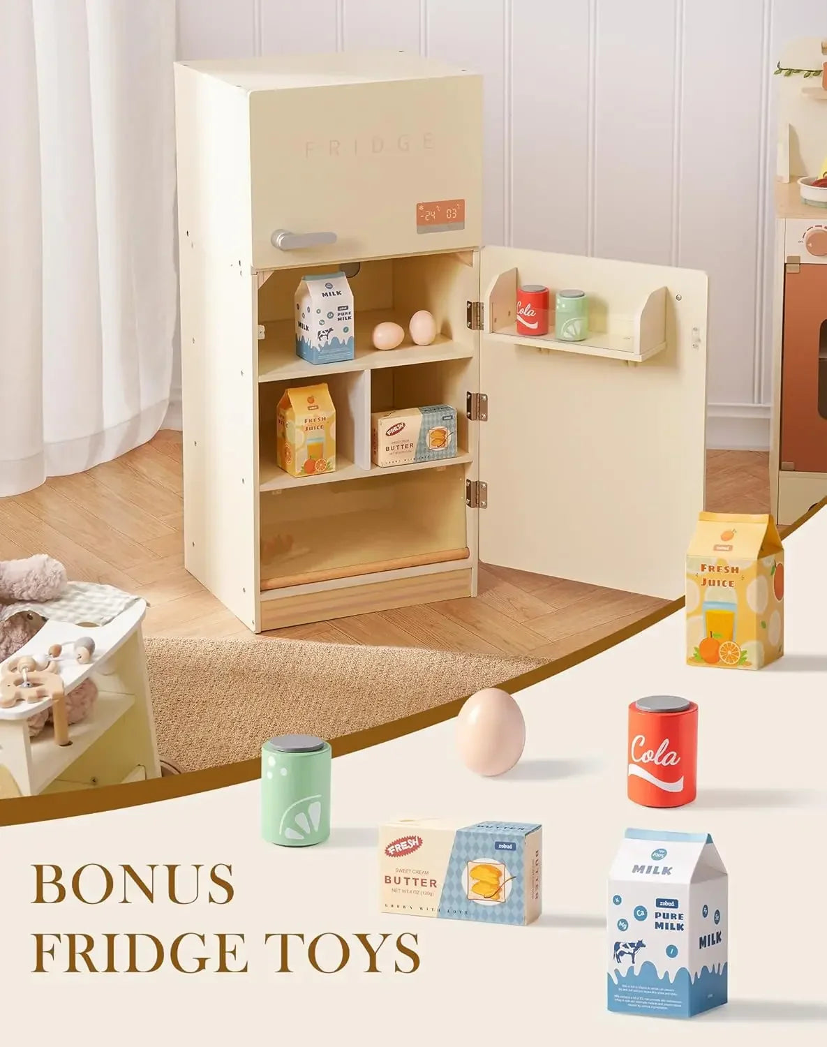 Solid wood kids toy fridge with interactive features, part of a play kitchen set for toddlers.