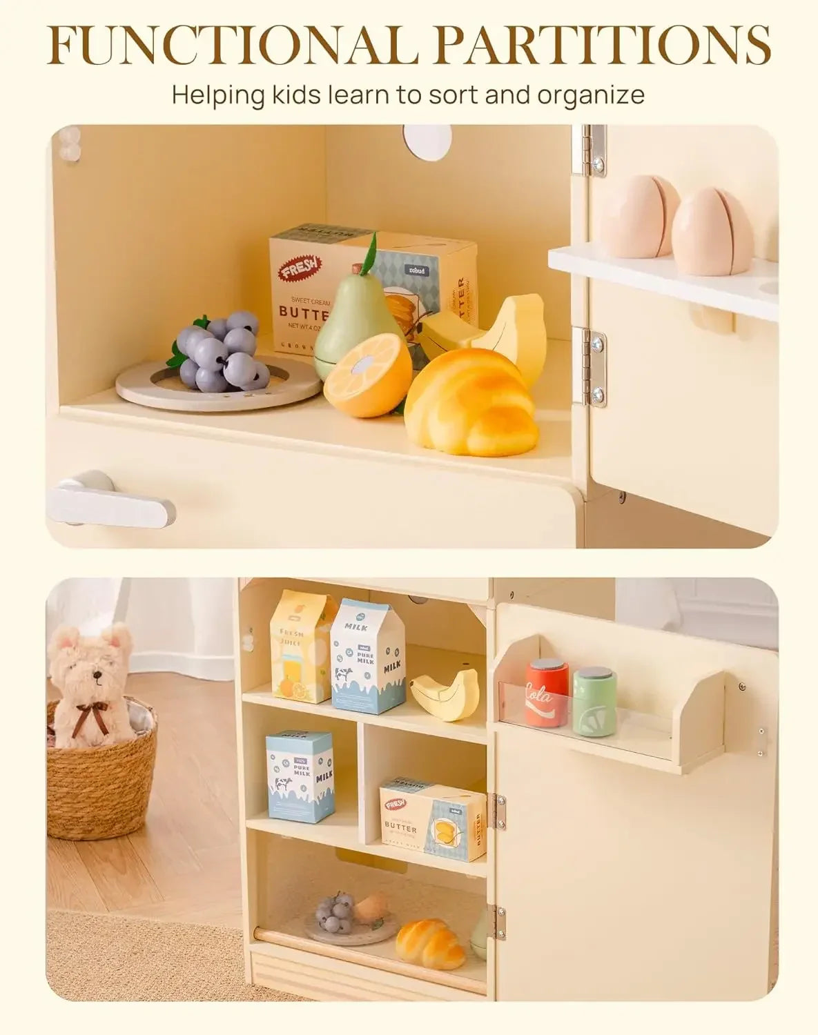 Educational wooden toy fridge playset for children, including kitchen accessories for imaginative play.