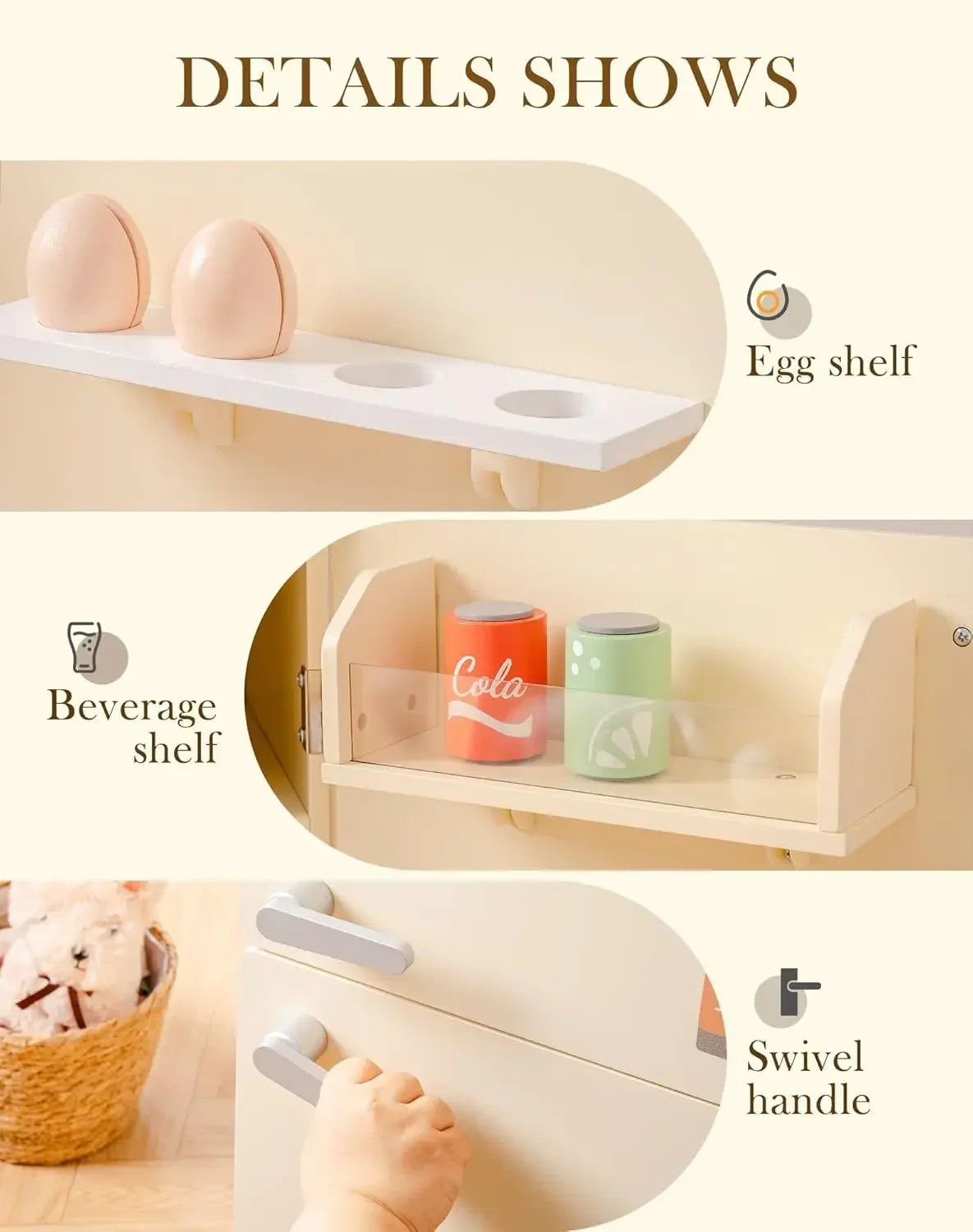 Creamy white wooden toy fridge, a durable and safe kids playset for hours of pretend kitchen fun.