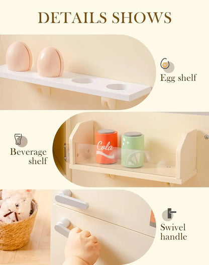 Creamy white wooden toy fridge, a durable and safe kids playset for hours of pretend kitchen fun.