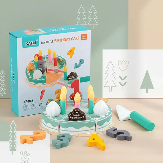 Kids wooden pretend play cake set, colorful slices & candles for imaginative role play