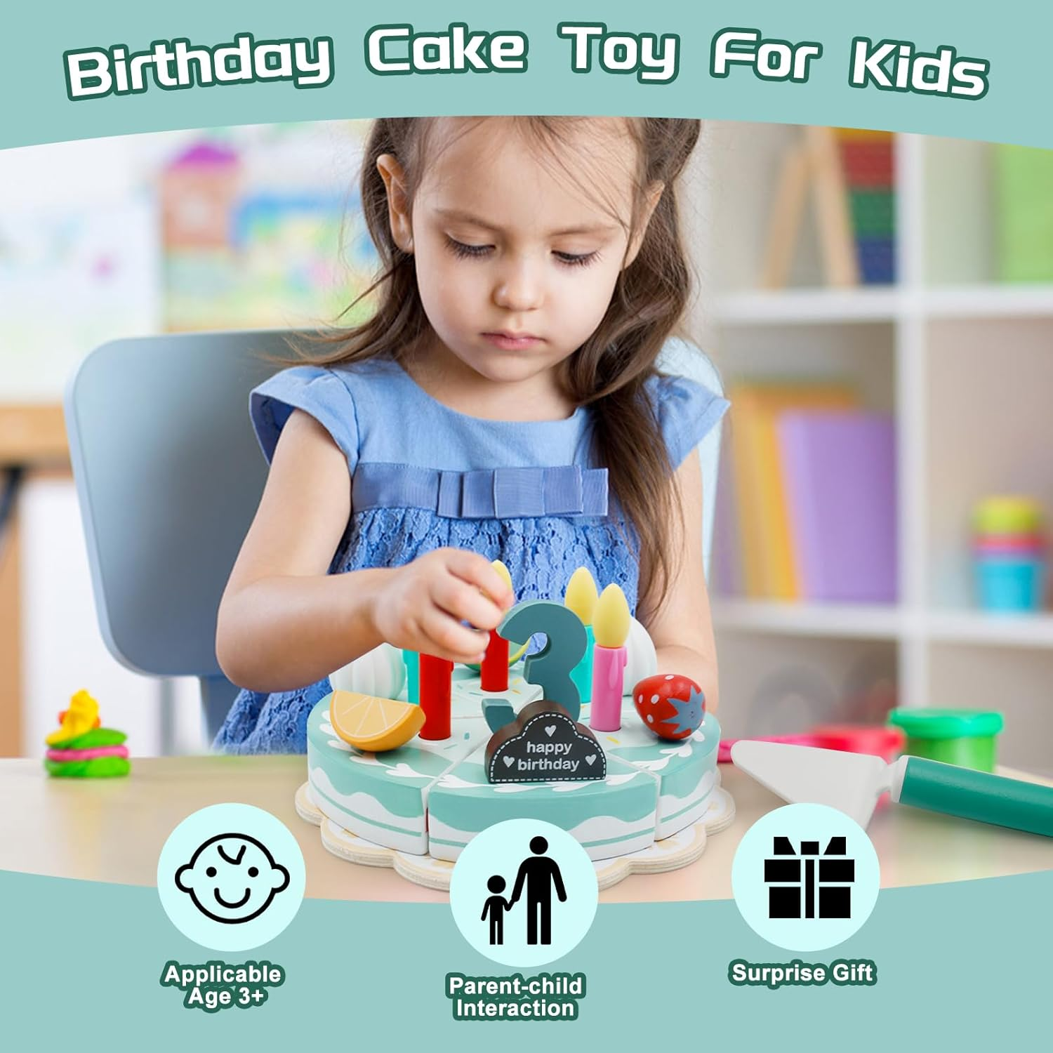 Toddler wooden birthday cake toy with detachable pieces & accessories for kitchen play