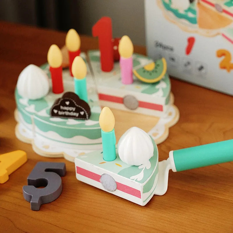 Durable wooden birthday cake role-play toy for toddlers, encourages social interaction