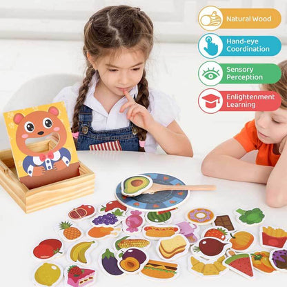 Toddler engaged with wooden feeding game, educational pretend play toy for children's development