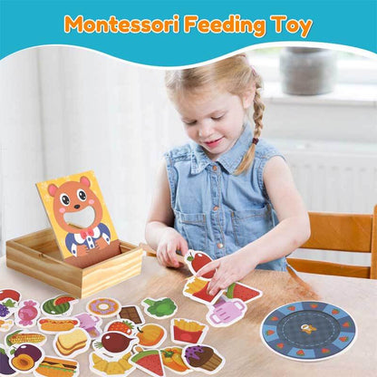 Close-up of wooden pretend play educational feeding toy, vibrant colors & animal shapes
