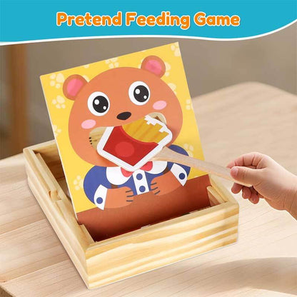 Child grasping wooden food pieces for educational feeding toy, developing fine motor skills