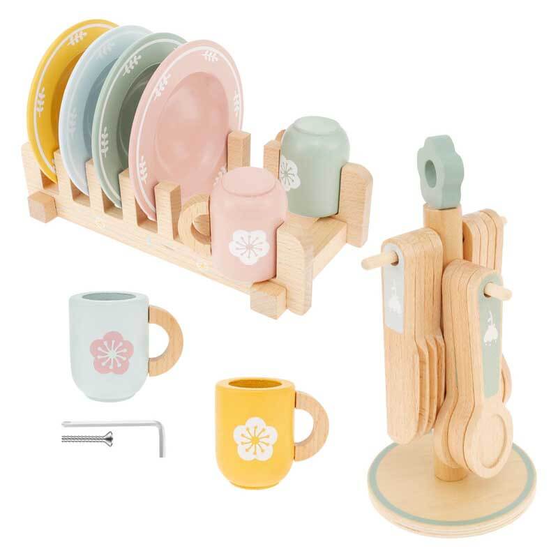 Kids wooden pretend play kitchen dinnerware set with plates, cups, and utensils for imaginative play