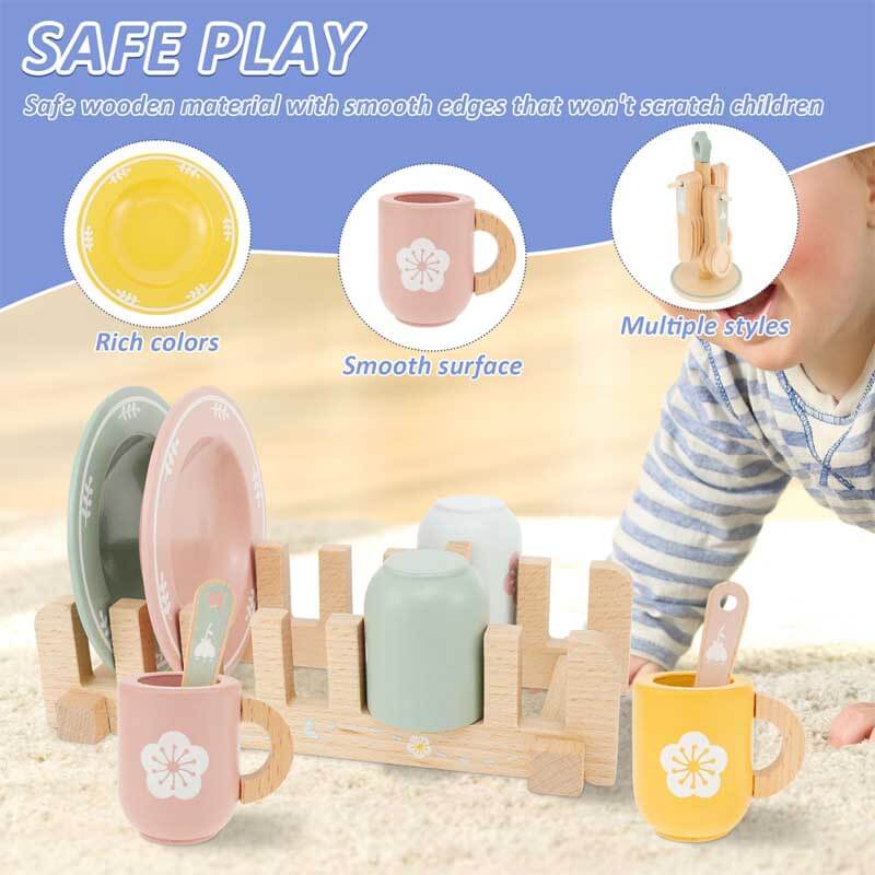 Toddler playing with wooden kitchen toy dinnerware set, educational for young children