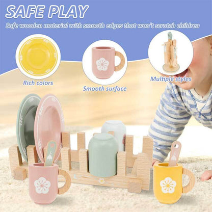 Toddler playing with wooden kitchen toy dinnerware set, educational for young children