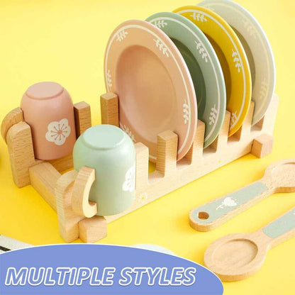 Complete wooden playset dinnerware for kids, perfect for pretend cooking and serving