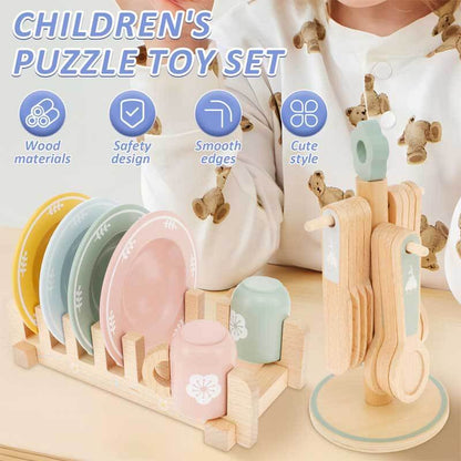 Close-up of a kids wooden dinnerware set, featuring plates, bowls, and cutlery for play