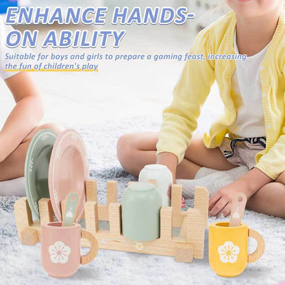 Child arranging wooden kitchen dinnerware, fostering imaginative cooking skills