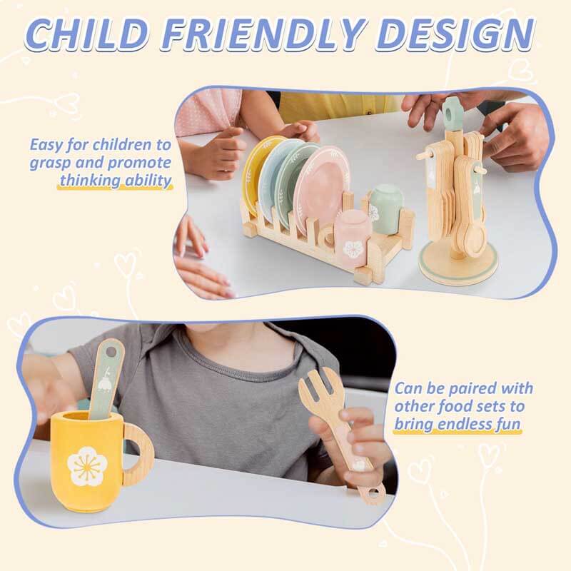 Colorful wooden pretend play dinnerware set for kids, enhancing interactive toddler activities