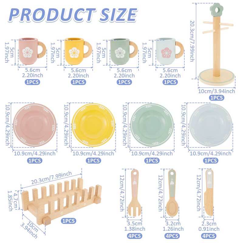 Durable wooden dinnerware playset, ideal for educational and imaginative kitchen role-play