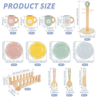 Durable wooden dinnerware playset, ideal for educational and imaginative kitchen role-play