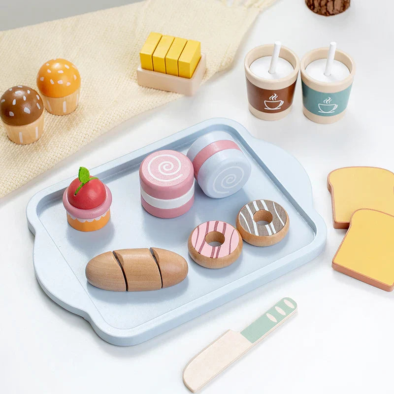 Bright wooden food set for kids' pretend play, ideal for educational kitchen fun