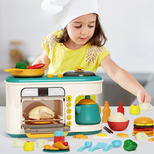 Kids' wooden pretend play kitchen set with oven, stove, sink, and accessories for toddlers