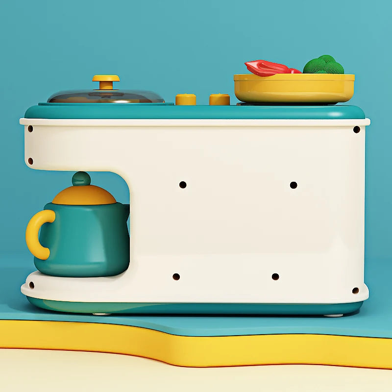 Colorful children's cooking play set with toy utensils and food for educational role-playing