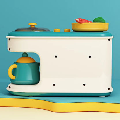 Colorful children's cooking play set with toy utensils and food for educational role-playing