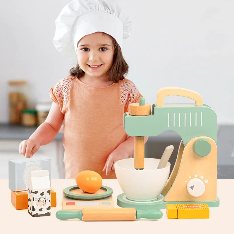 Toddler playing with a wooden pretend kitchen toy, a great educational gift for developing motor skills