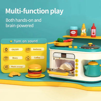 Toddler wooden pretend play kitchen with interactive features and storage, perfect for kids' cooking games