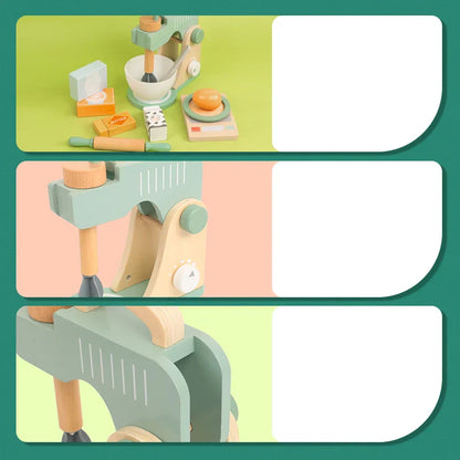 Compact wooden kids kitchen with oven, stove, and storage, perfect for toddler motor skills development