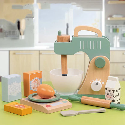 Close-up of a wooden pretend play kitchen, highlighting realistic details for engaging imaginative play