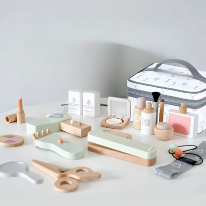 Kids wooden pretend play makeup salon set with toy lipstick, brush & mirror for imaginative learning
