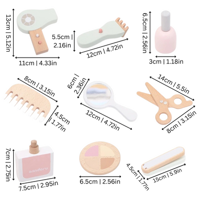 Toddler girls playing hairdresser with wooden salon toy set, promoting educational and role play fun