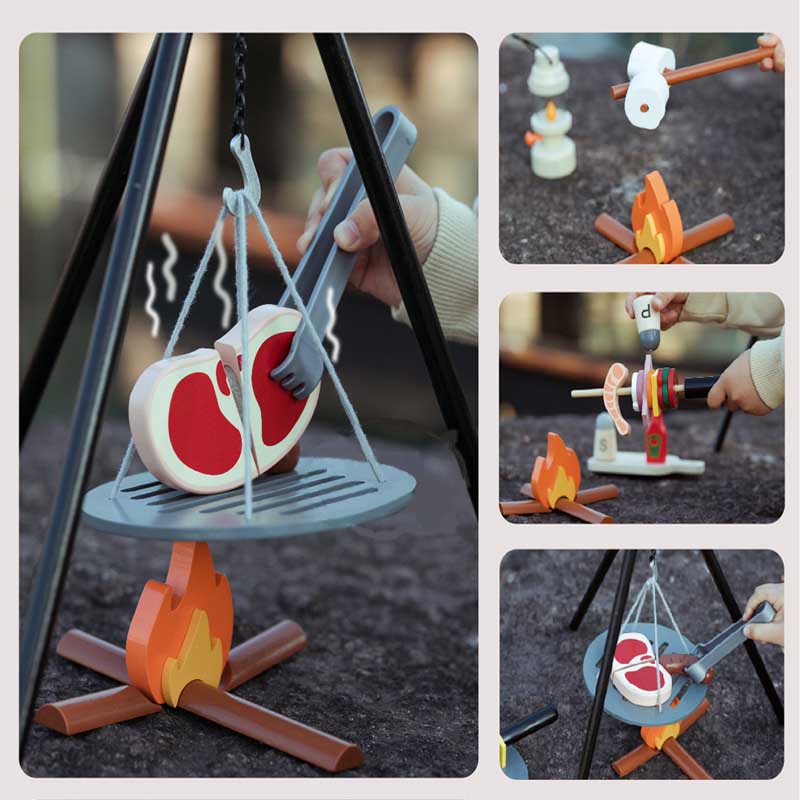 Educational wooden picnic set toy for kids, detailed play food items for outdoor play