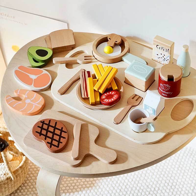 Kids wooden pretend play steak & bread cutting food set for kitchen, educational toy