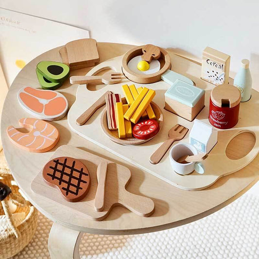 Kids wooden pretend play steak & bread cutting food set for kitchen, educational toy