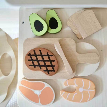 Toddler child development wooden cutting steak & bread play food set for kids kitchen